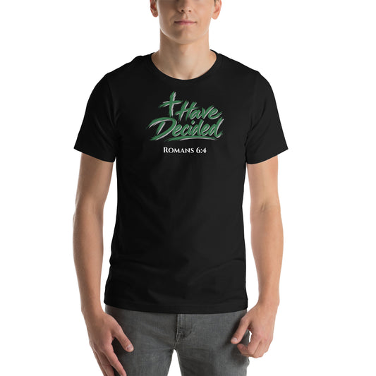 MHBC I Have Decided Baptism Tee with front and back logo in black, front view